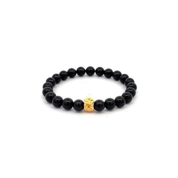 18K Gold Charm Bracelet Natural Black Tourmaline Gemstones 6mm Money Bag - Picture 1 of 5
